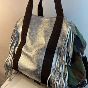 Silver Fringed Leather with Camo Fabric Hybrid Bag